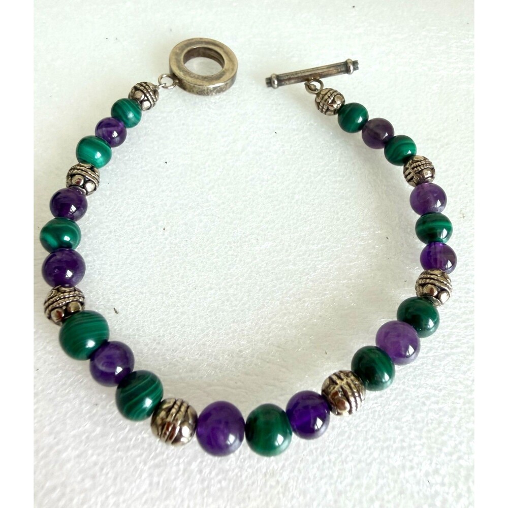 Vintage Amethyst Malachite Beaded Bracelet Silver Tone Toggle Clasp Vintage